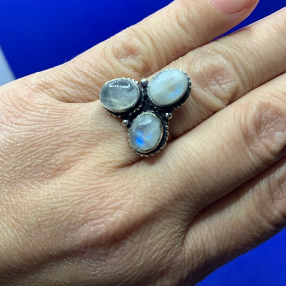 FLASH Moonstone Trio Ring! .925 Sterling Silver Plated, Size 7.25 - Picture 7 of 12